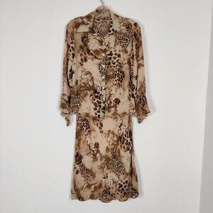 Vintage 90s Women's Animal Print Blouse & Skirt Set Size 1 Medium In Tan Brown